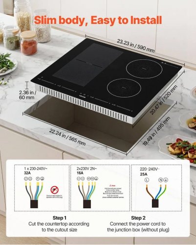 VEVOR Placa de Inducción 2 Quemadores Redondos y 2 Cuadrados 220 V 7000 W Empotrable 59 x 52 cm Apagado Automático con Temporizador 9 Niveles de