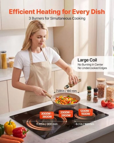 VEVOR Placa de Inducción Empotrable 59 x 52 cm 3 Quemadores 220 V 6200 W Apagado Automático Con Temporizador Con 9 Niveles de Potencia Con Pantalla