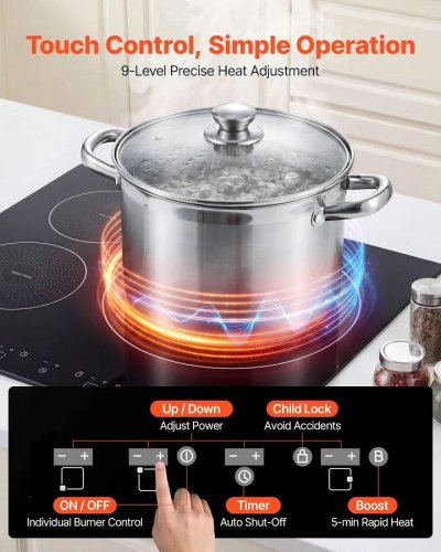 VEVOR Placa de Inducción Empotrable 59 x 52 cm 3 Quemadores 220 V 6200 W Apagado Automático Con Temporizador Con 9 Niveles de Potencia Con Pantalla