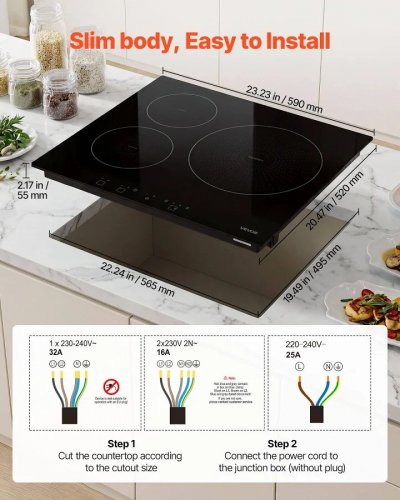 VEVOR Placa de Inducción Empotrable 59 x 52 cm 3 Quemadores 220 V 6200 W Apagado Automático Con Temporizador Con 9 Niveles de Potencia Con Pantalla