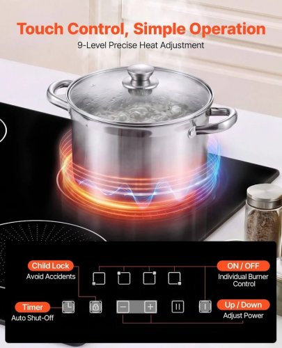 VEVOR Placa de Inducción Empotrable 59 x 52 cm 4 Quemadores 220 V 7000 W Apagado Automático Con Temporizador Con 9 Niveles de Potencia Con Pantalla