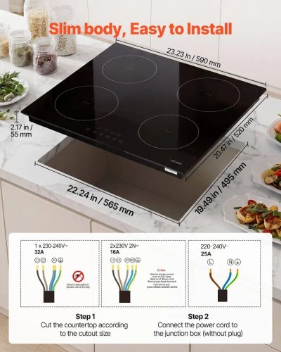 VEVOR Placa de Inducción Empotrable 59 x 52 cm 4 Quemadores 220 V 7000 W Apagado Automático Con Temporizador Con 9 Niveles de Potencia Con Pantalla