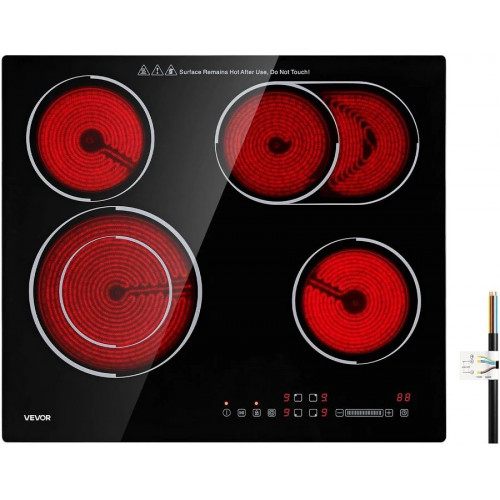 VEVOR Placa Vitrocerámica 59 x 52 cm 4 Zonas de Cocción 6600 W 220 V Control Táctil 9 Niveles de Potencia Temporizador Bloqueo Infantil Protección