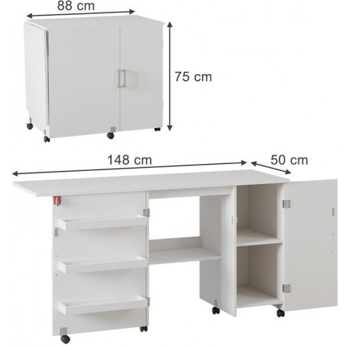 Vichy Vicco sewing table Carmen 148 x 75 cm with 3 shelves and cupboard white