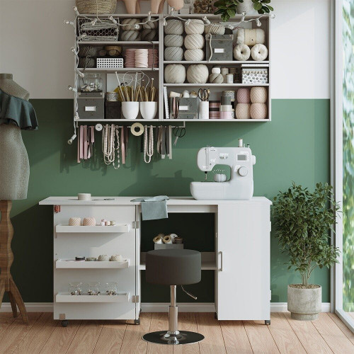 Vichy Vicco sewing table Carmen 148 x 75 cm with 3 shelves and cupboard white