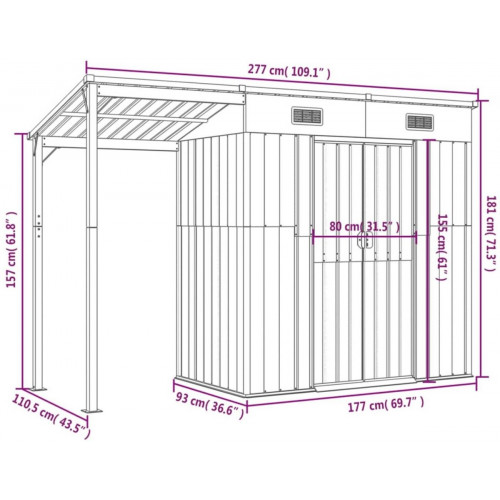 vidaXL Cobertizo con tejado largo acero 277 x 107 x 181 cm