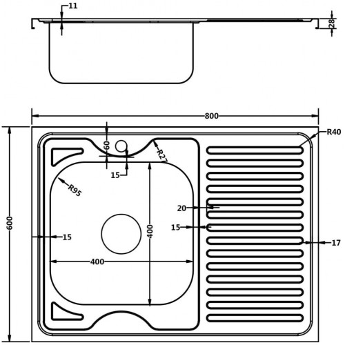vidaXL Fregadero escurridor 80 x 60 x 15,5 cm acero inoxidable plateado (147233)