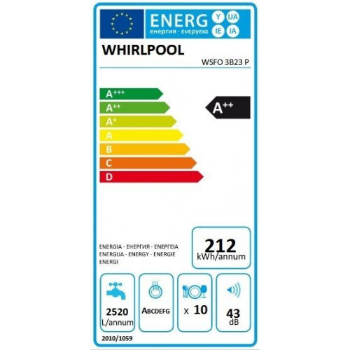 WHIRLPOOL WSFO 3B23 P Blanco - Lavavajillas 45CM 10 Servicios