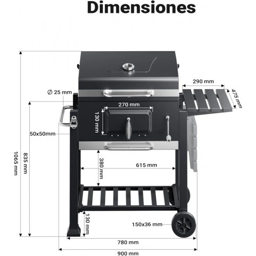 Wiltec Barbacoa carbon vegetal móvil con tapa estante trampilla