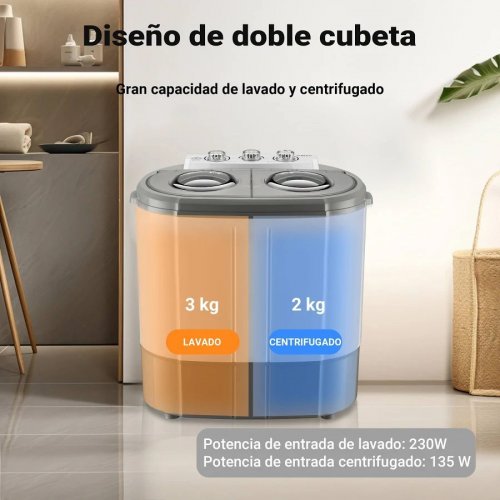 Wiltec Lavadora de camping portátil de doble tina 230 W 3 kg lavado y 2 kg centrifugado con temporizador mini Lavadora compacta para camping