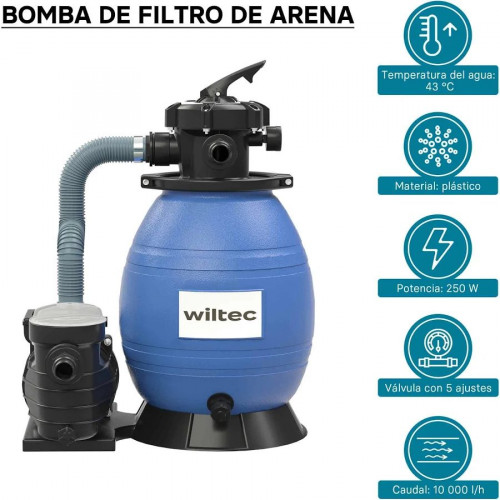 Wiltec Sistema de filtro de arena 250W tanque de filtrado 26l y bomba autocebante 10000L/h piscina