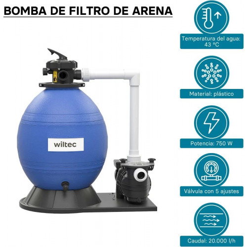 Wiltec Sistema de filtro de arena 750W tanque de filtrado 71l y bomba autocebante 20000L/h piscina