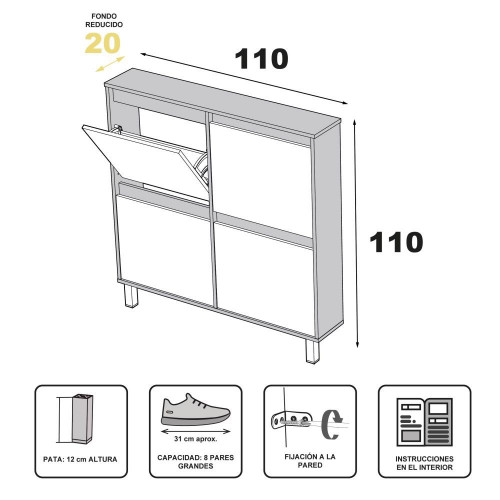 Zapatero Melamina Fondo Reducido 4 Trampones - 8 Pares Madera / Blanco