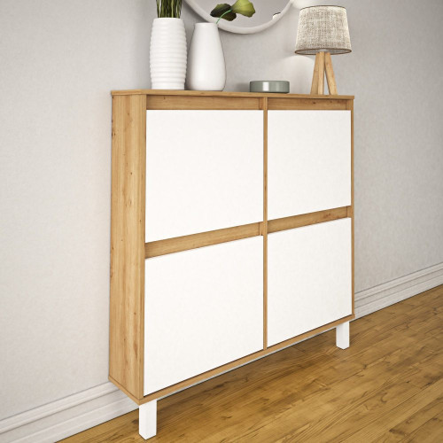 Zapatero Melamina Fondo Reducido 4 Trampones - 8 Pares Madera / Blanco